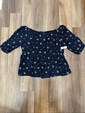 Lane Bryant Navy Blue Off-Shoulder Peplum Blouse with White Floral Print